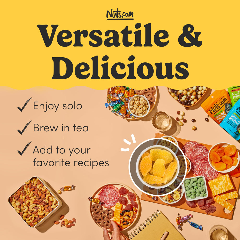 Nuts.com crystallized ginger pieces in tea cup suggesting a warm, comforting infusion