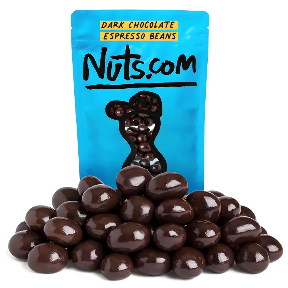 Nuts.com dark chocolate espresso beans in a bag for easy snacking.