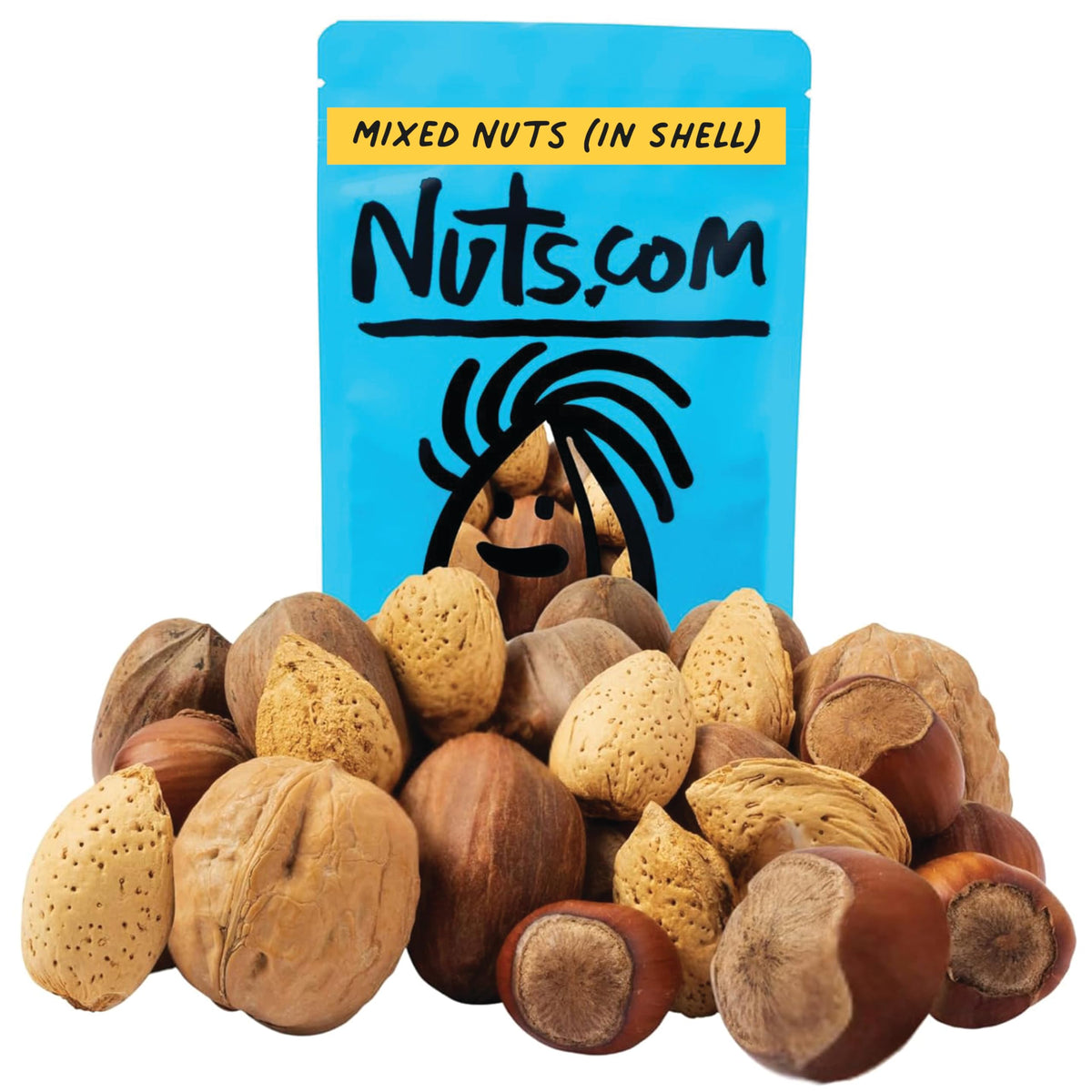 Nuts.com mixed nuts in shell in a 1 lb bag for quick, protein-rich snacking.