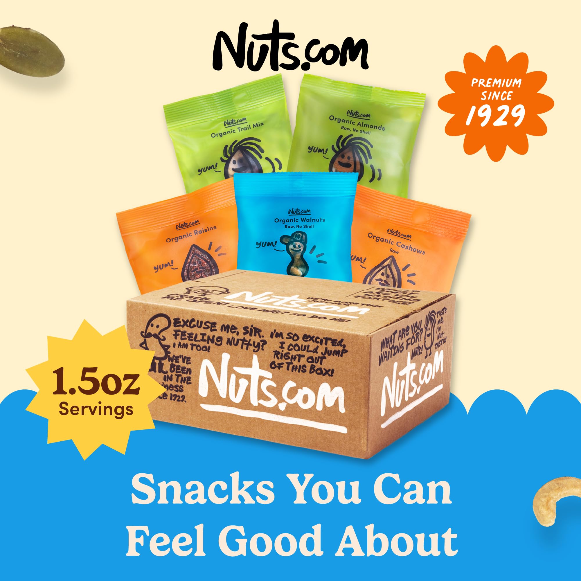 Nuts.com organic cashews 1-5oz serving close-up, rich texture for easy snacking.