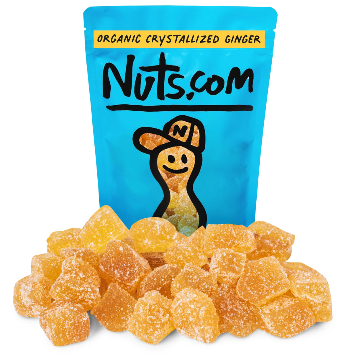 Nuts.com organic crystallized ginger bag close-up for on-the-go snacking.