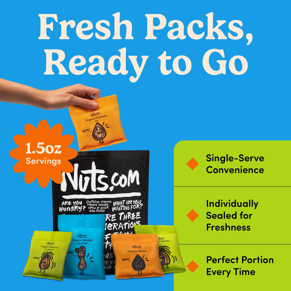 Nuts.com organic walnuts 1-5oz serving close-up, earthy flavor for healthy crunch.