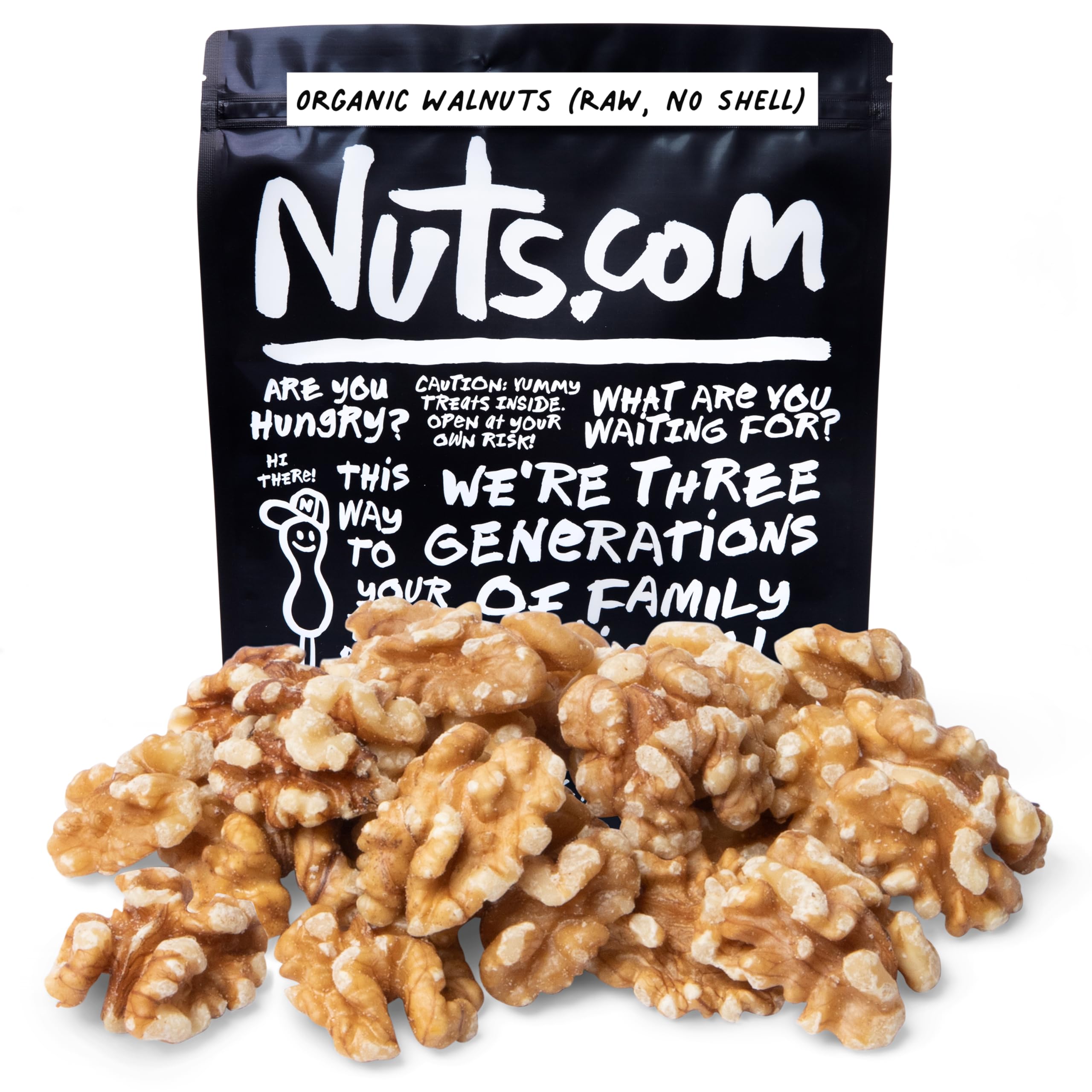 Nuts.com Organic Walnuts front view in 2 lb bag, ideal for snacking