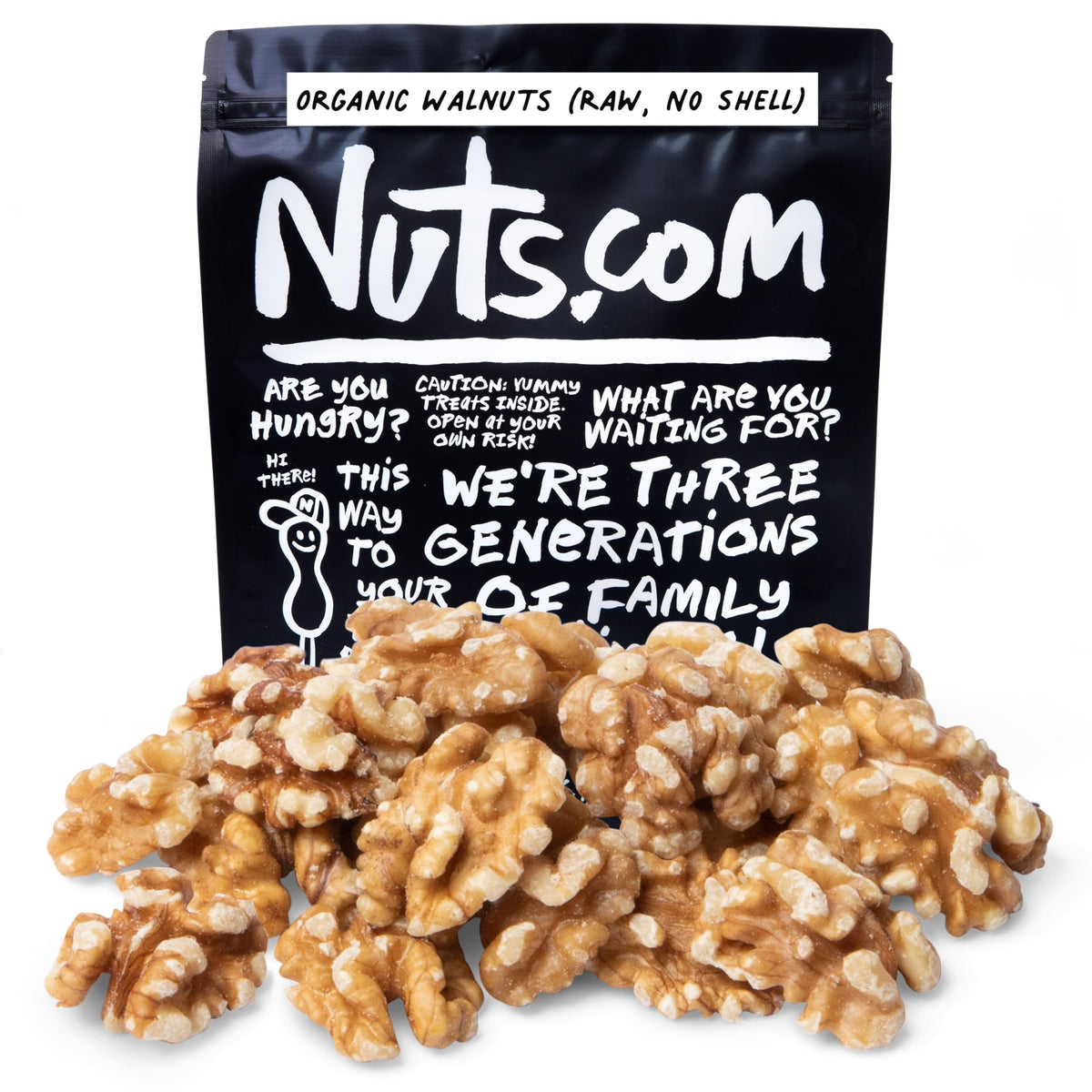 Nuts.com Organic Walnuts front view in 2 lb bag, ideal for snacking
