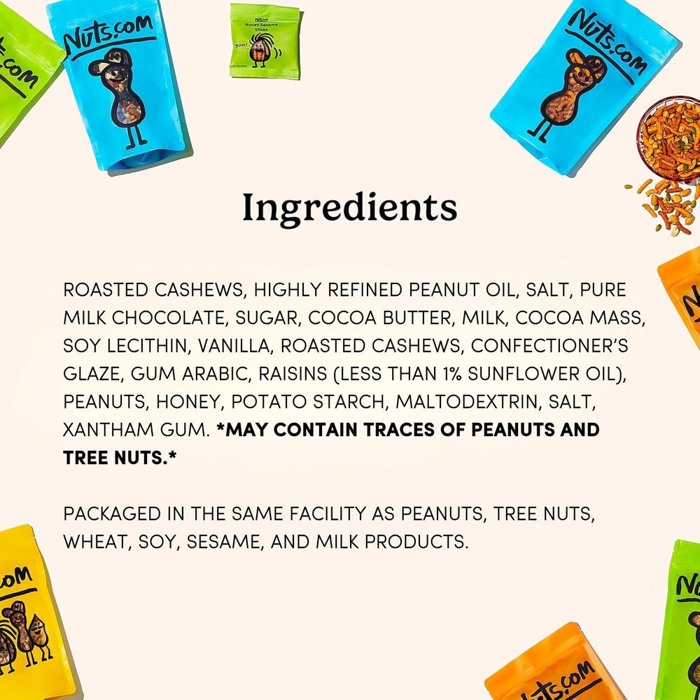 Nuts.com Roasted Cashews and Honey-Roasted Peanuts in a crunchy, satisfying mix.
