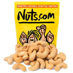 Nuts.com roasted cashews lightly salted in a resealable bag for easy snacking.