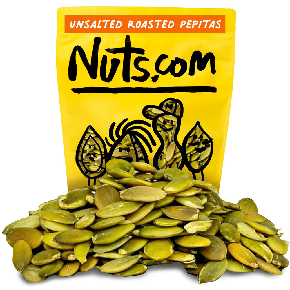 Nuts.com roasted pepitas in a 2 lb bag with a toast aroma and crunch ready to snack
