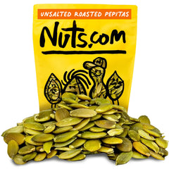 Nuts.com roasted pepitas in a 2 lb bag with a toast aroma and crunch ready to snack