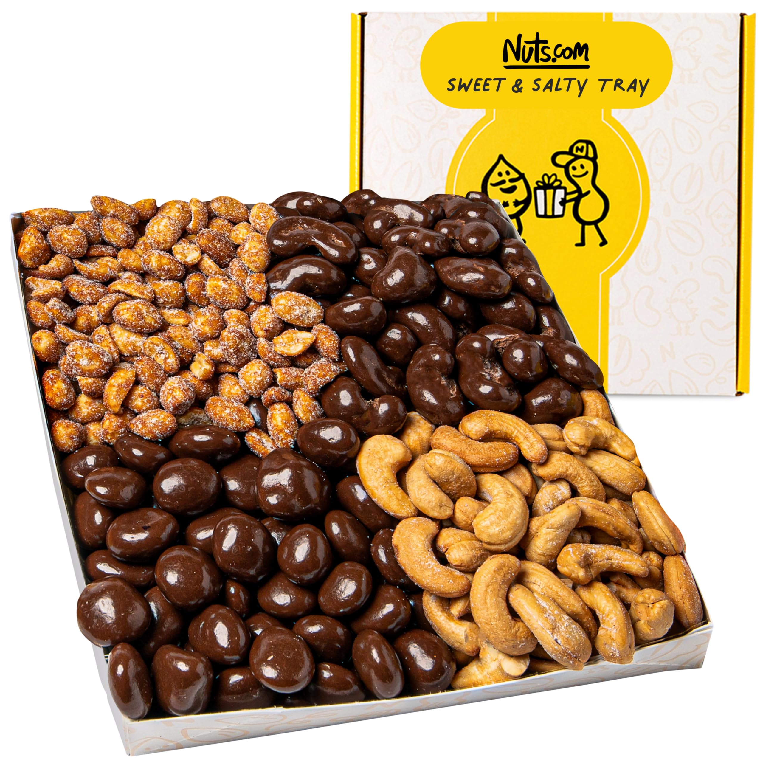 Nuts.com Sweet and Salty Gift Tray showcasing roasted cashews and chocolate raisins, ideal for gifting.