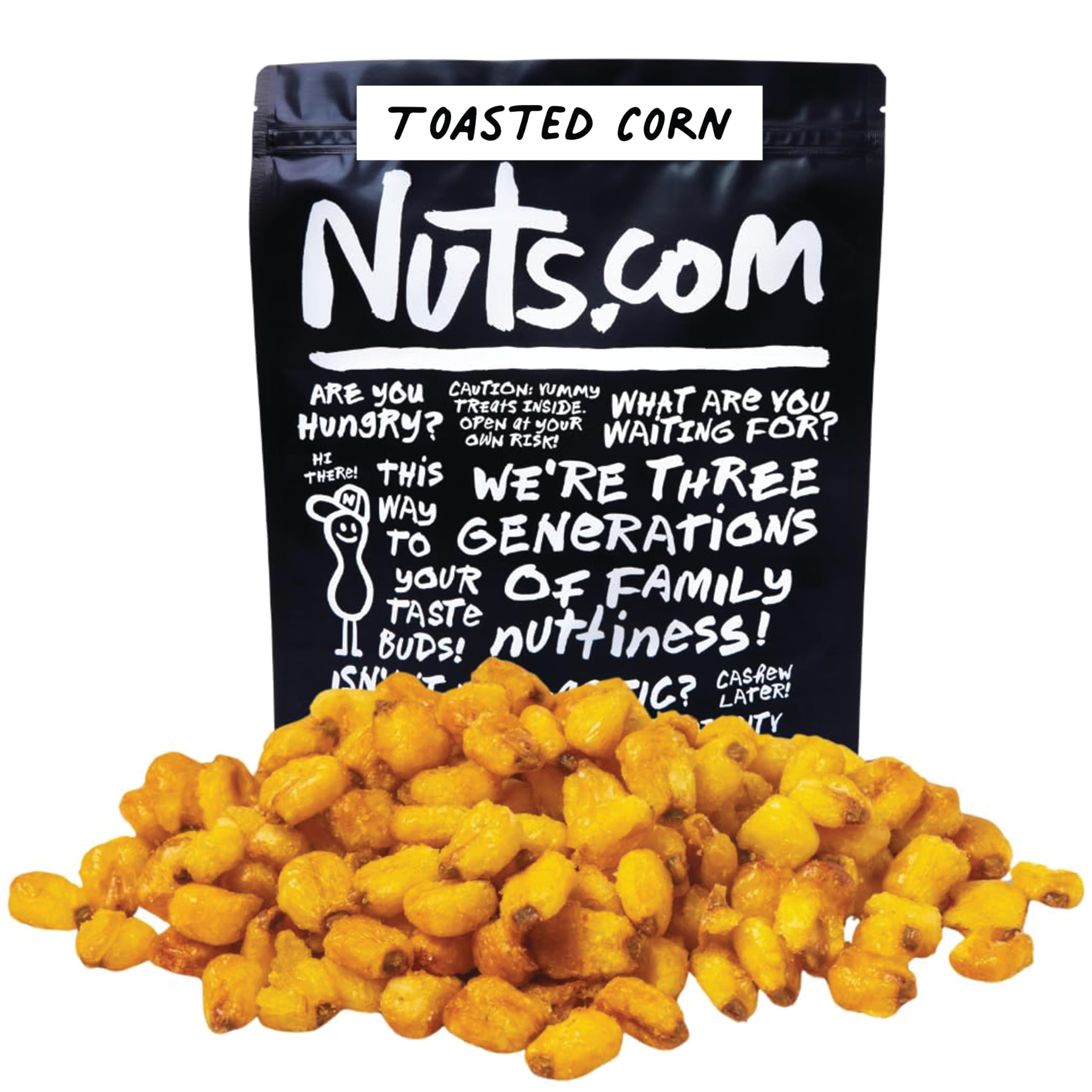 Nuts.com toasted corn in a resealable bag, delivering a crisp, on-the-go snack.