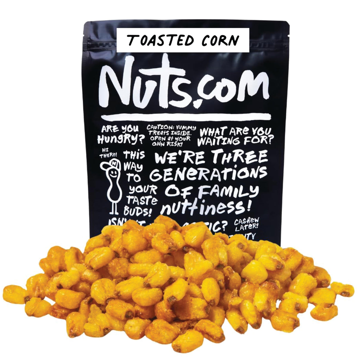 Nuts.com toasted corn in a resealable bag, delivering a crisp, on-the-go snack.