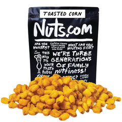 Nuts.com toasted corn in a resealable bag, delivering a crisp, on-the-go snack.