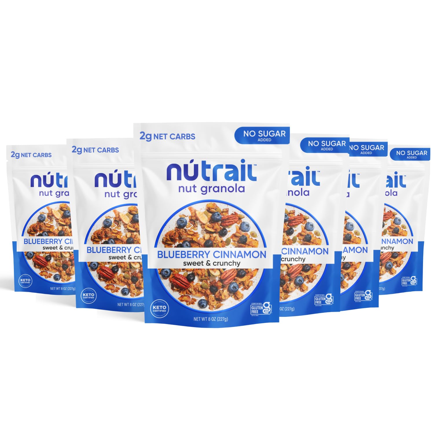 NuTrail Blueberry Cinnamon Granola bag highlighting gluten-free and no sugar added benefits.