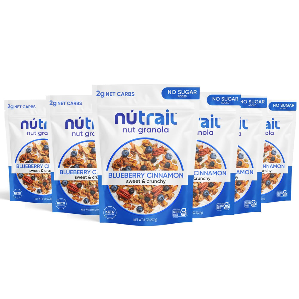 NuTrail Blueberry Cinnamon Granola bag highlighting gluten-free and no sugar added benefits.