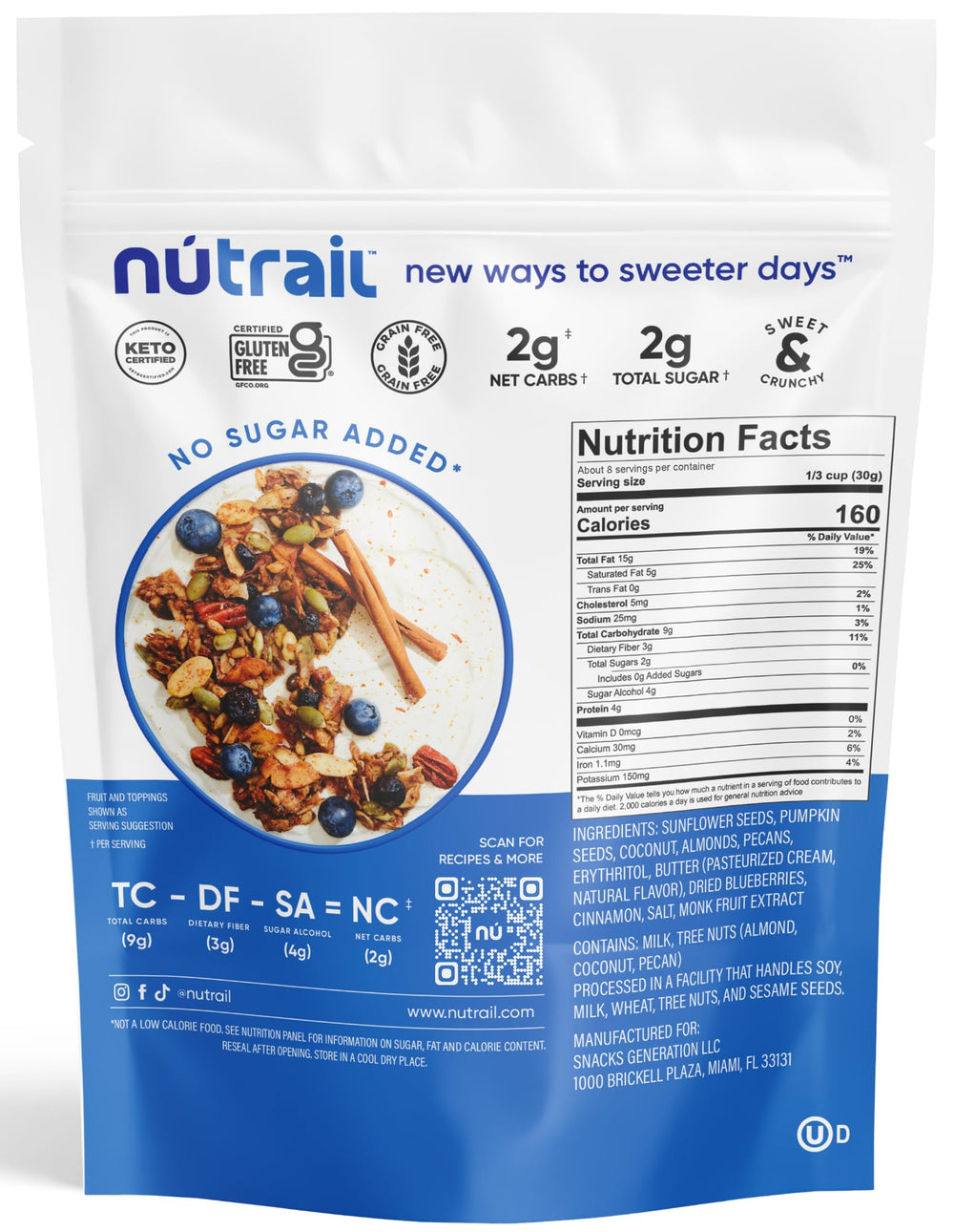 NuTrail Blueberry Cinnamon Granola served in a bowl for breakfast.