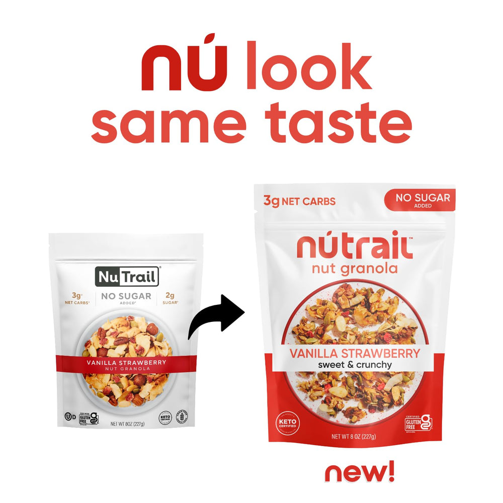 NuTrail granola packaging emphasizing gluten-free and low-carb goodness.