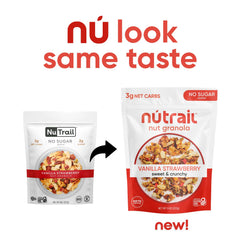 NuTrail granola packaging emphasizing gluten-free and low-carb goodness.
