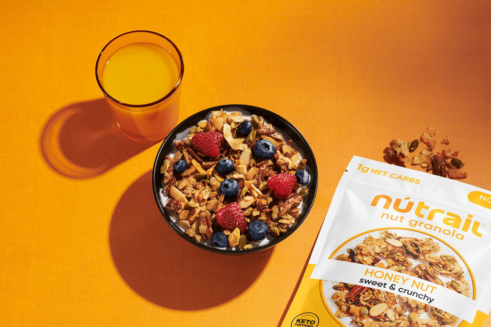 NuTrail Nut Granola in a milk bowl pairs creaminess with crunch.