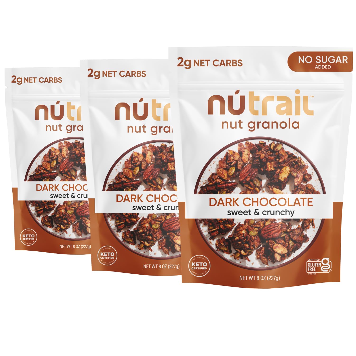 NuTrail Nut Granola with dark chocolate chips for a keto-friendly breakfast