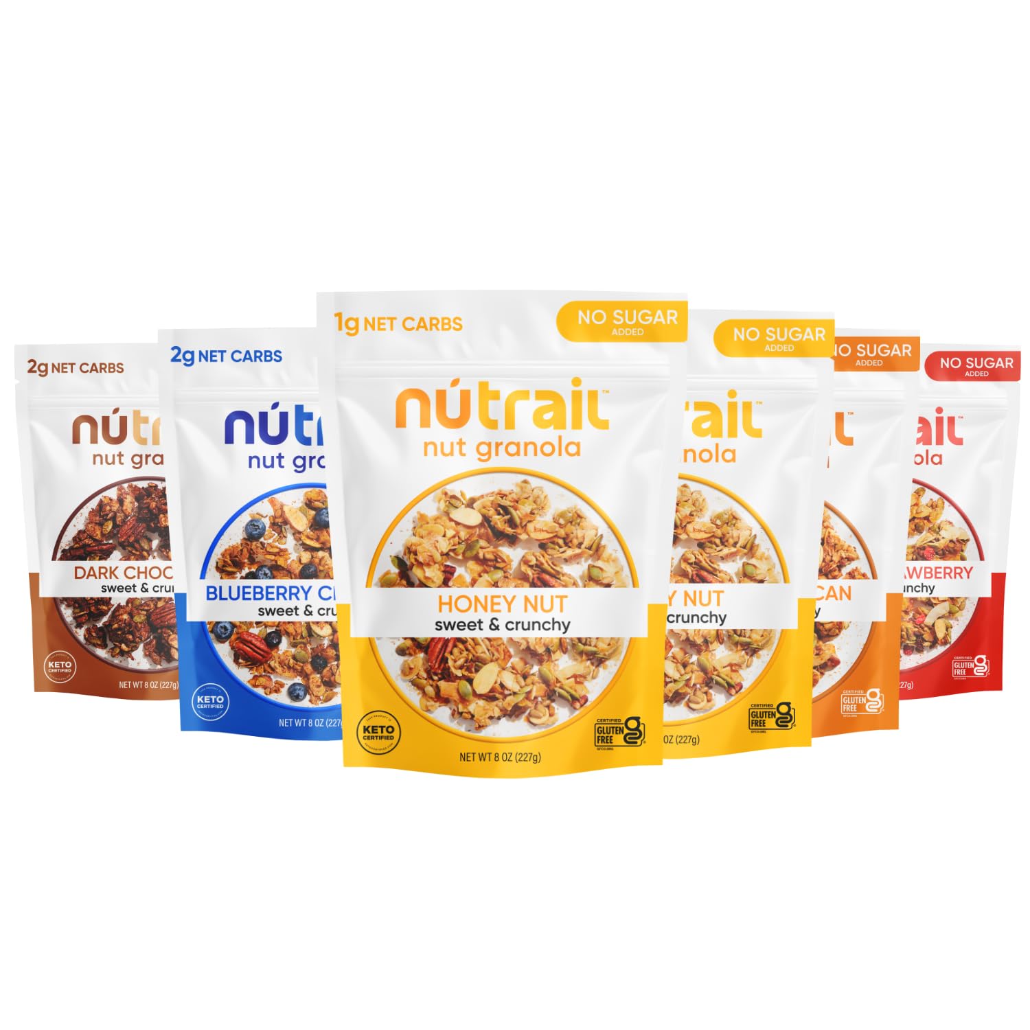 NuTrail Nut Granola packaging highlights gluten-free, keto-friendly ingredients for easy snacking.