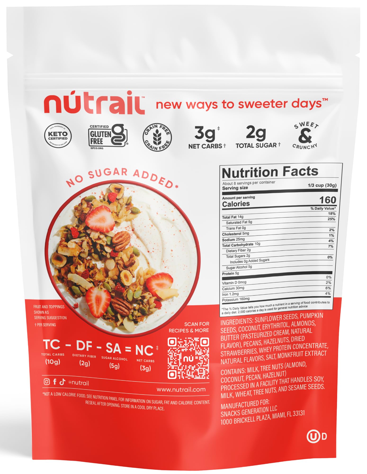 NuTrail Vanilla Strawberry cereal served with milk for a low carb start to the day.