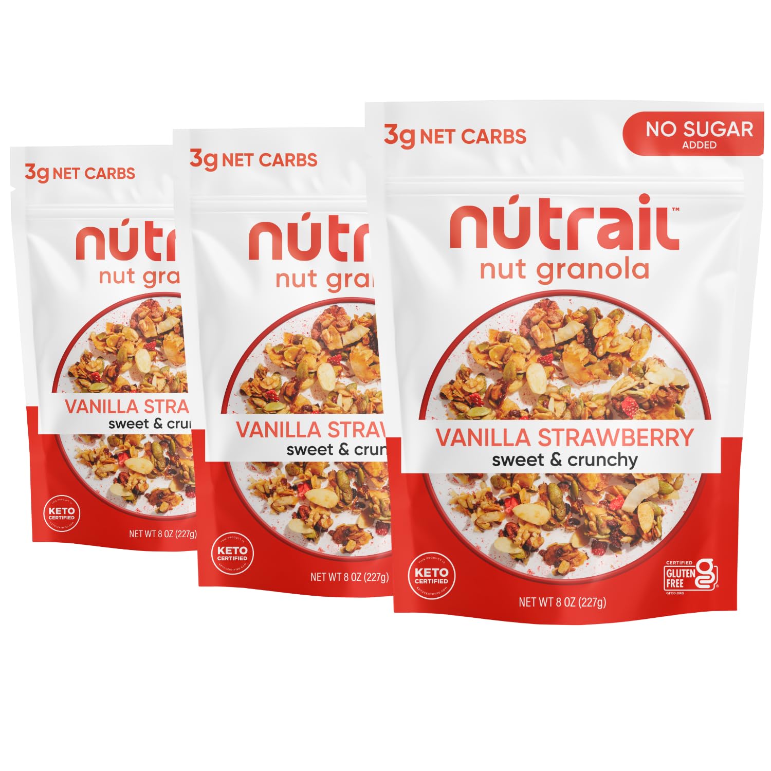 NuTrail Vanilla Strawberry granola bowl with unsweetened almond milk for a quick breakfast.