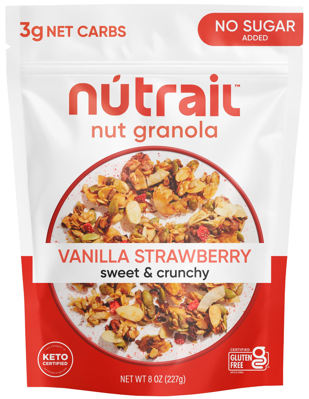 NuTrail Vanilla Strawberry granola in a bowl with milk, gluten-free crunch for breakfast.