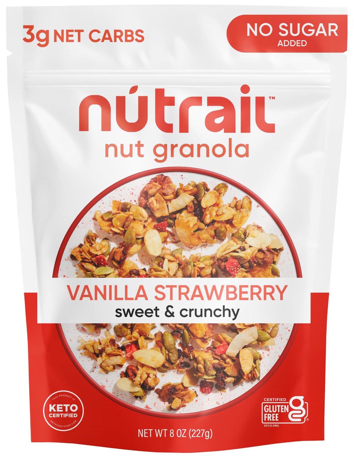 NuTrail Vanilla Strawberry granola in a bowl with milk, gluten-free crunch for breakfast.