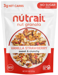NuTrail Vanilla Strawberry granola in a bowl with milk, gluten-free crunch for breakfast.