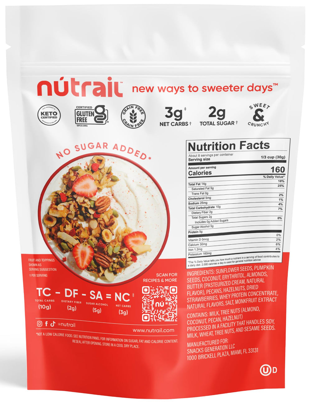 NuTrail Vanilla Strawberry granola snack pack, convenient keto-friendly option.