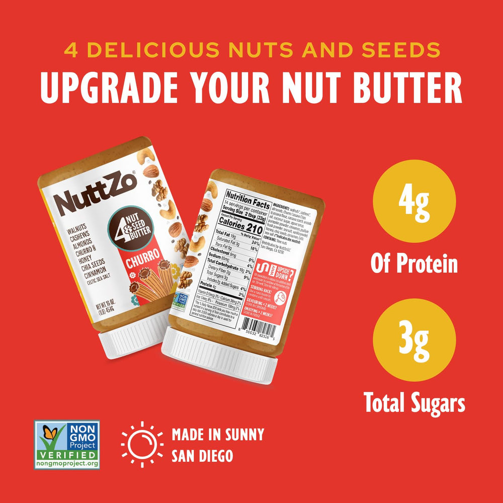 NuttZo Churro Butter on a spoon with chia seeds for toppings