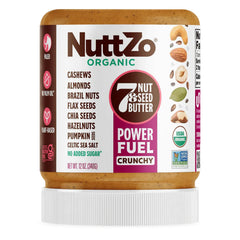 NuttZo Organic Power Fuel jar label with seven-nut blend, nutrient-rich appeal.