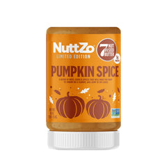 NuttZo Pumpkin Spice Power Fuel jar on countertop showing plant-based protein boost