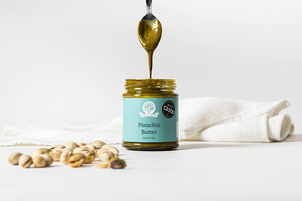 Nutural World pistachio butter jar spread demonstrates easy deliciousness for toast and snacks.