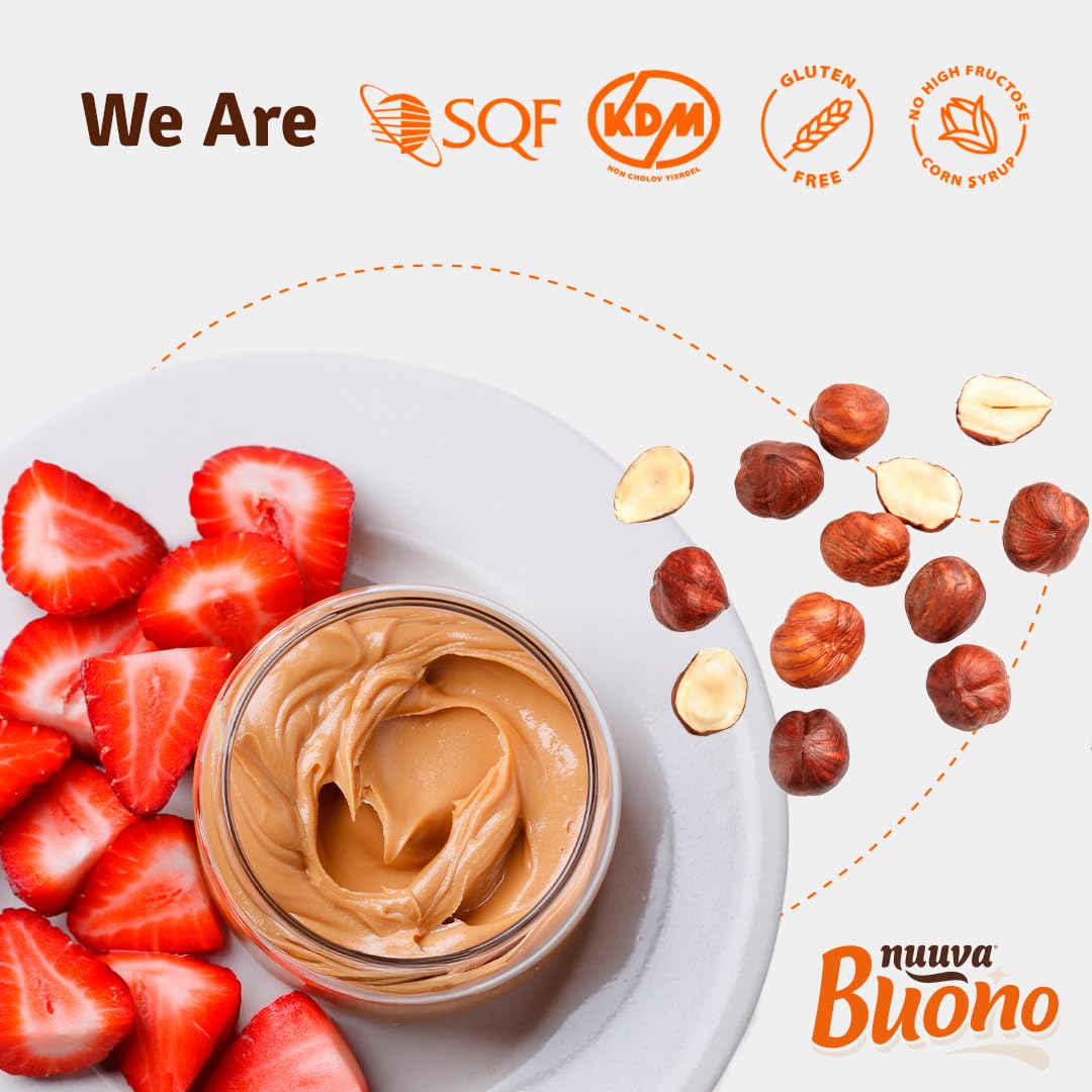 Nuuva Buono hazelnut spread with gluten-free label emphasizing clean ingredients.