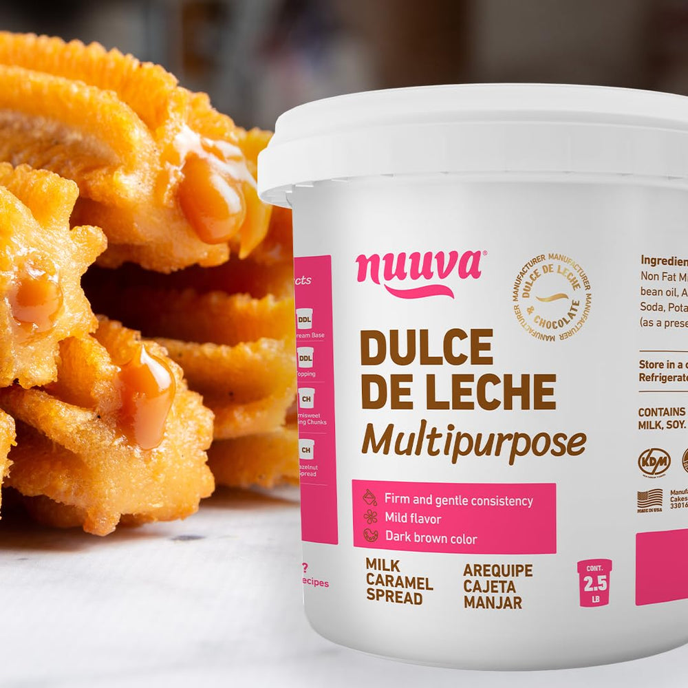 Nuuva Dulce de Leche jar close-up showing creamy caramel color, ideal for desserts.