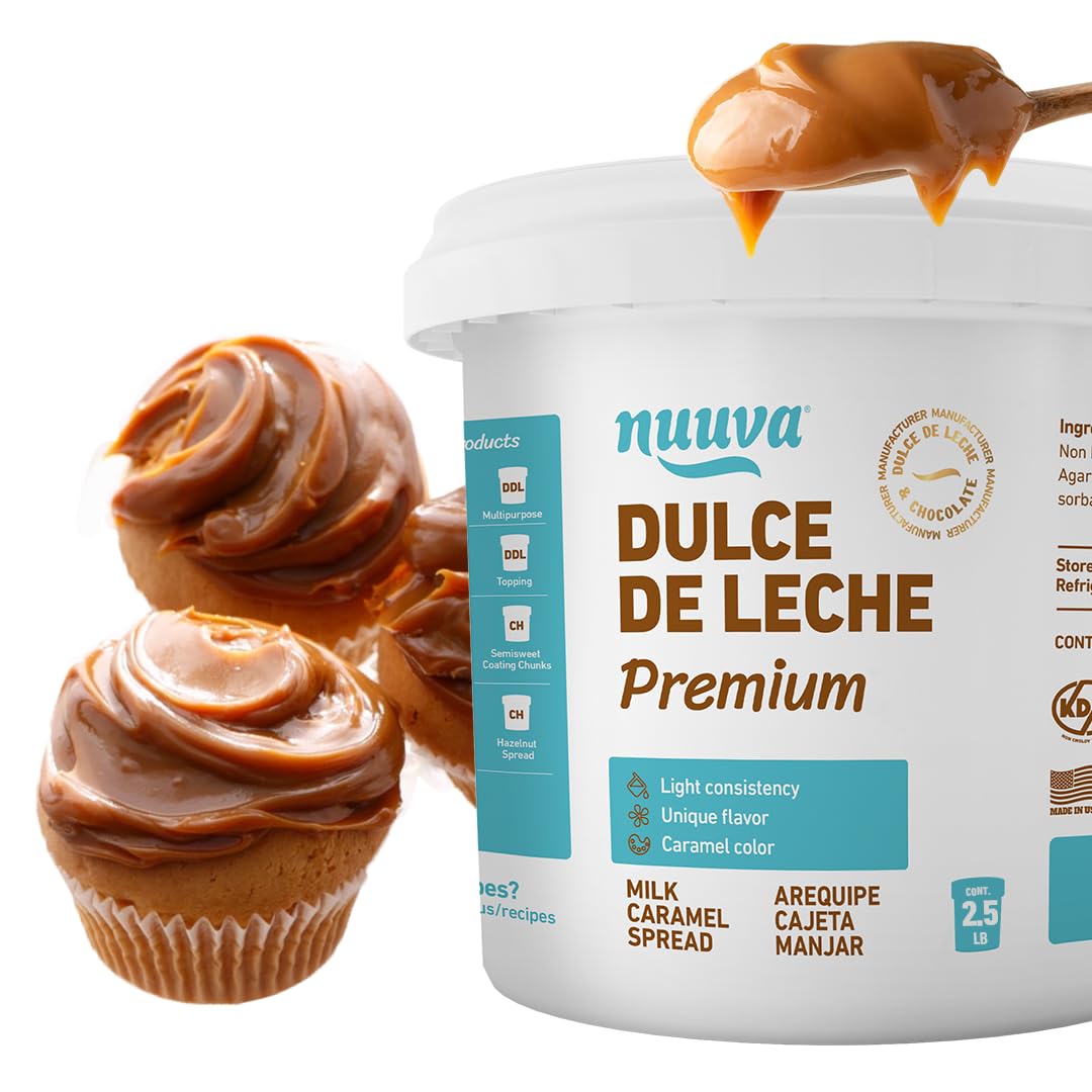 Nuuva Foods Dulce de Leche jar pouring caramel over pastries for dessert topping.