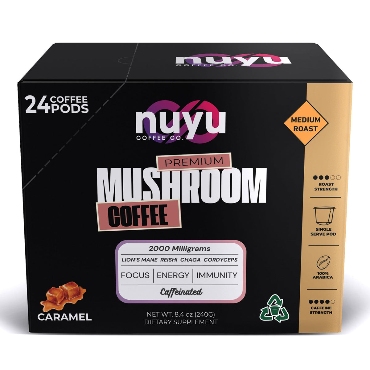 Nuyu Mushroom Coffee Pods caramel packaging for a convenient morning ritual