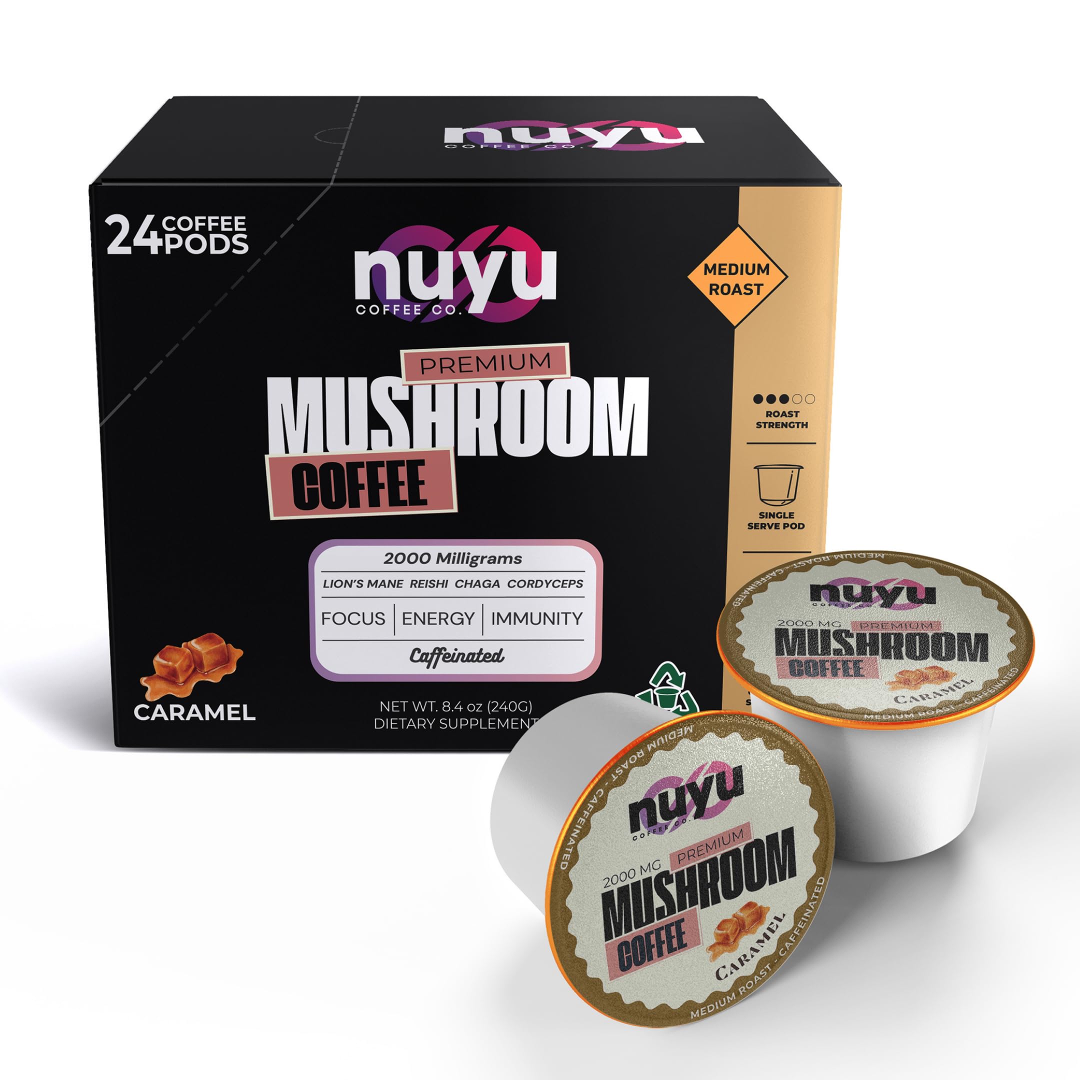 Nuyu Mushroom Coffee Pod close-up highlighting caramel brew