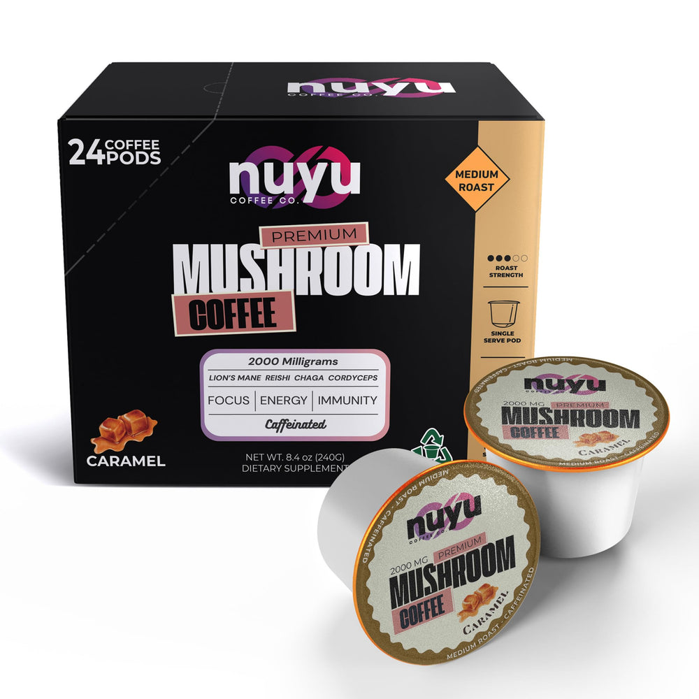 Nuyu Mushroom Coffee Pod close-up highlighting caramel brew