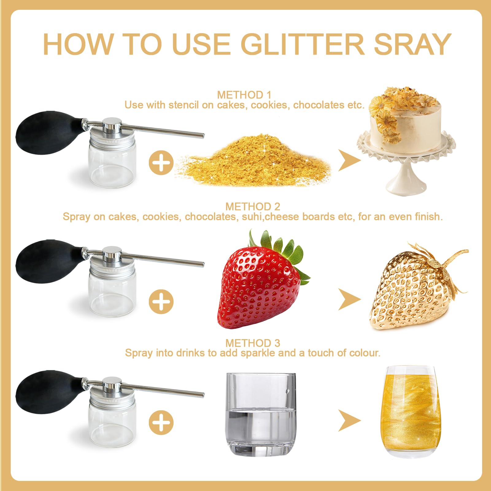 Nvobghdi spraying glitter onto cakes and cocktails for eye-catching finishes.