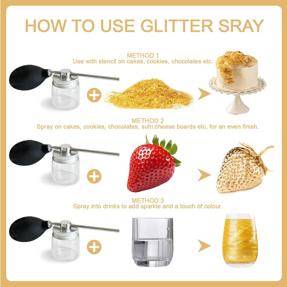 Nvobghdi spraying glitter onto cakes and cocktails for eye-catching finishes.