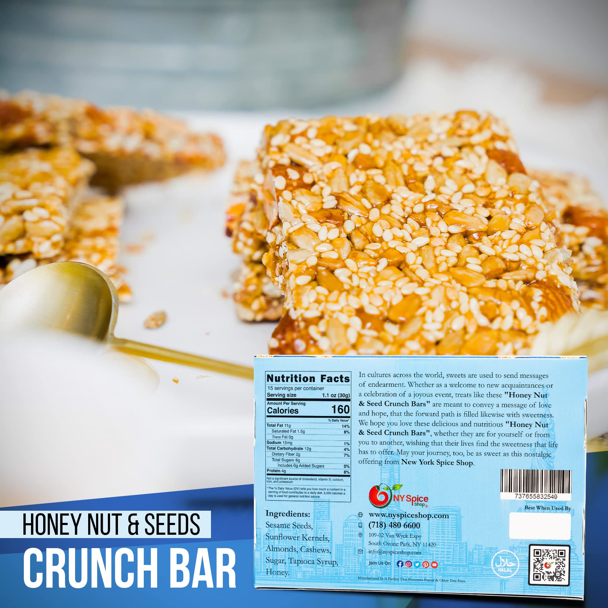 Close-up cross-section of NY Spice Shop bars showing nuts and seeds.