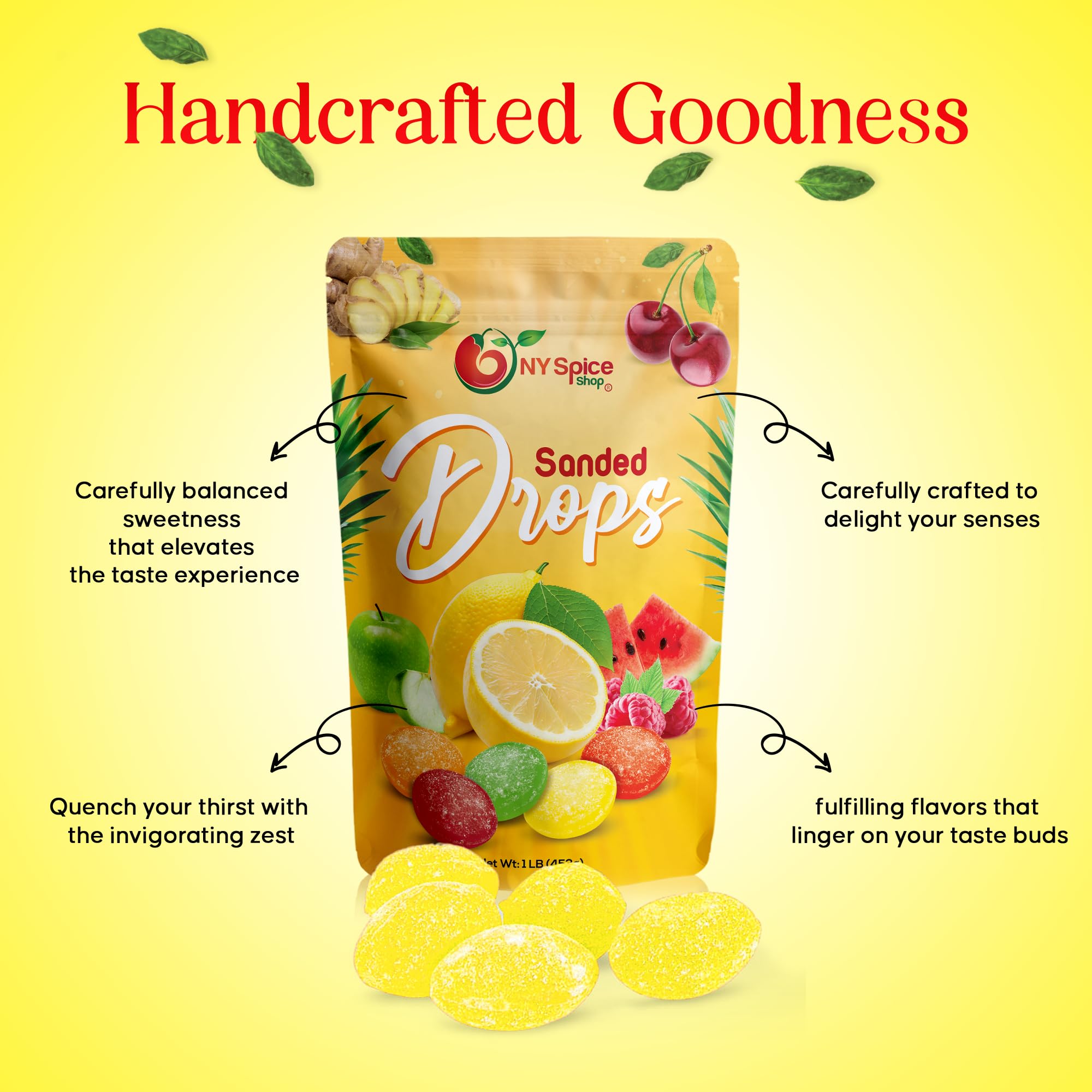 Bulk display of NY Spice Shop Sanded Lemon Drops in a 1 lb bag