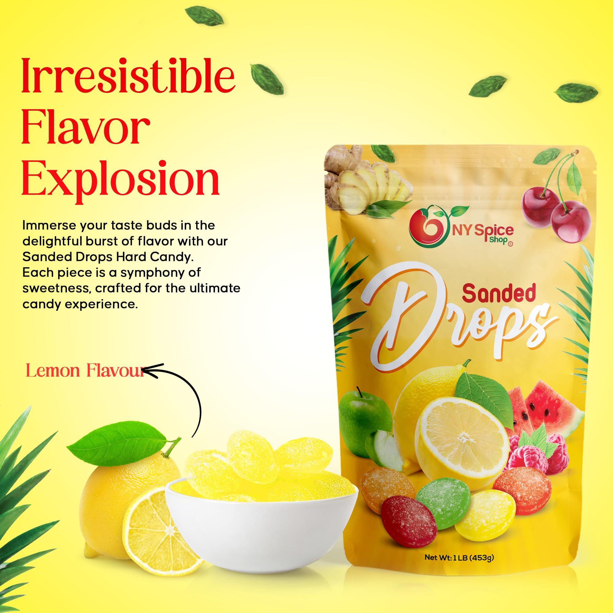 Closeup of NY Spice Shop Sanded Lemon Drops with glossy sugar crystals