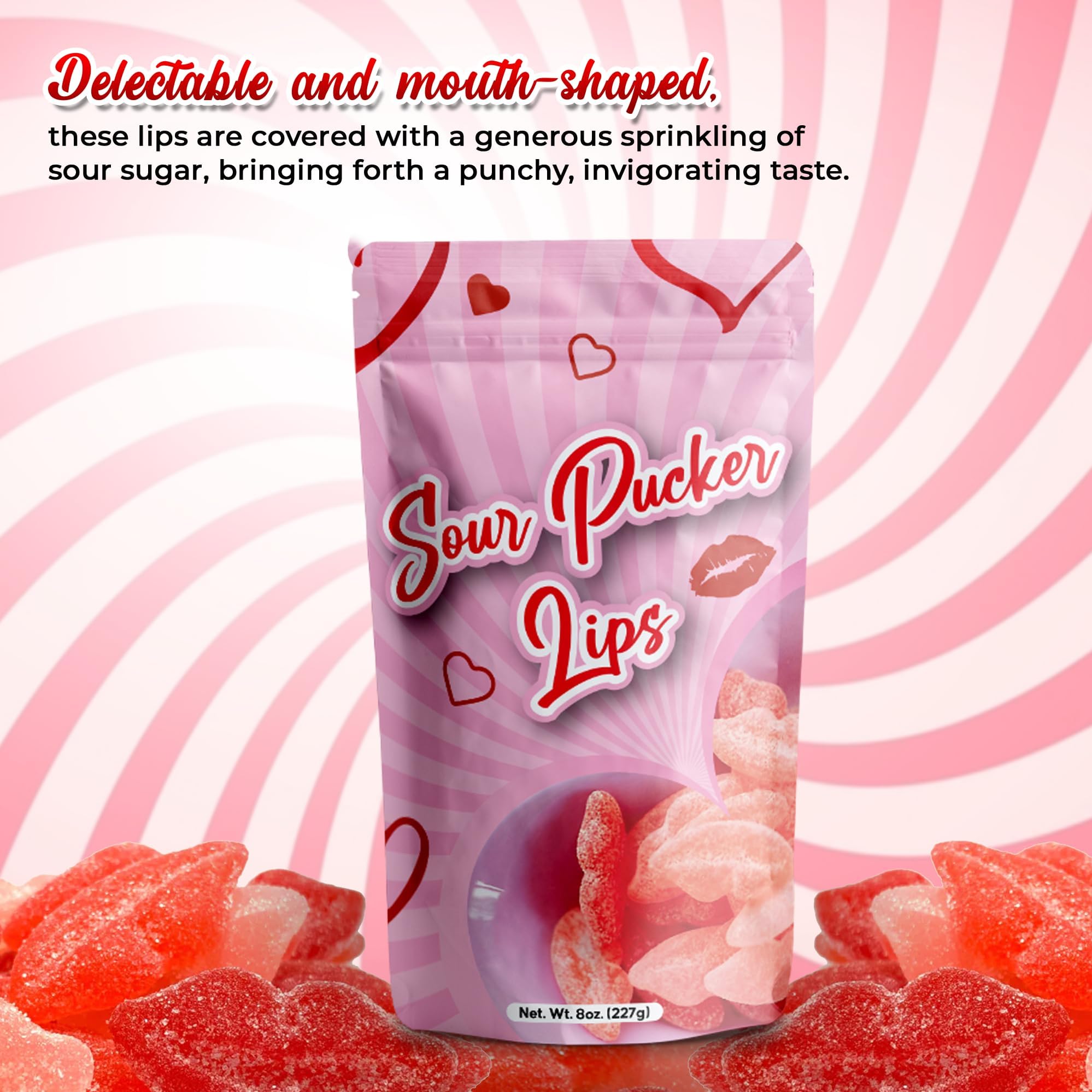 NY Spice Shop Sour Pucker gummies in pink and red colors ideal for celebrations.