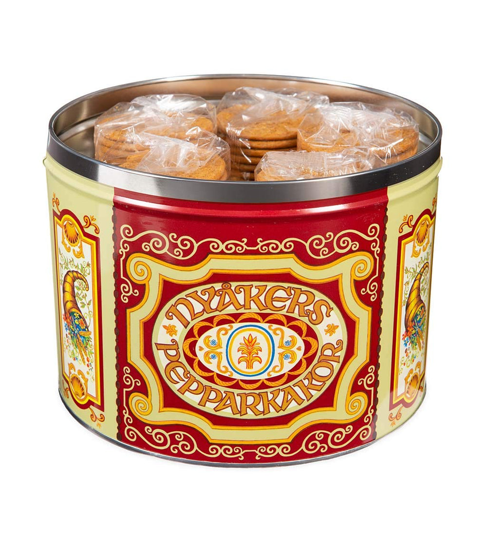 Nyakers Gingersnaps tin side view highlighting festive packaging and ready-to-serve cookies.