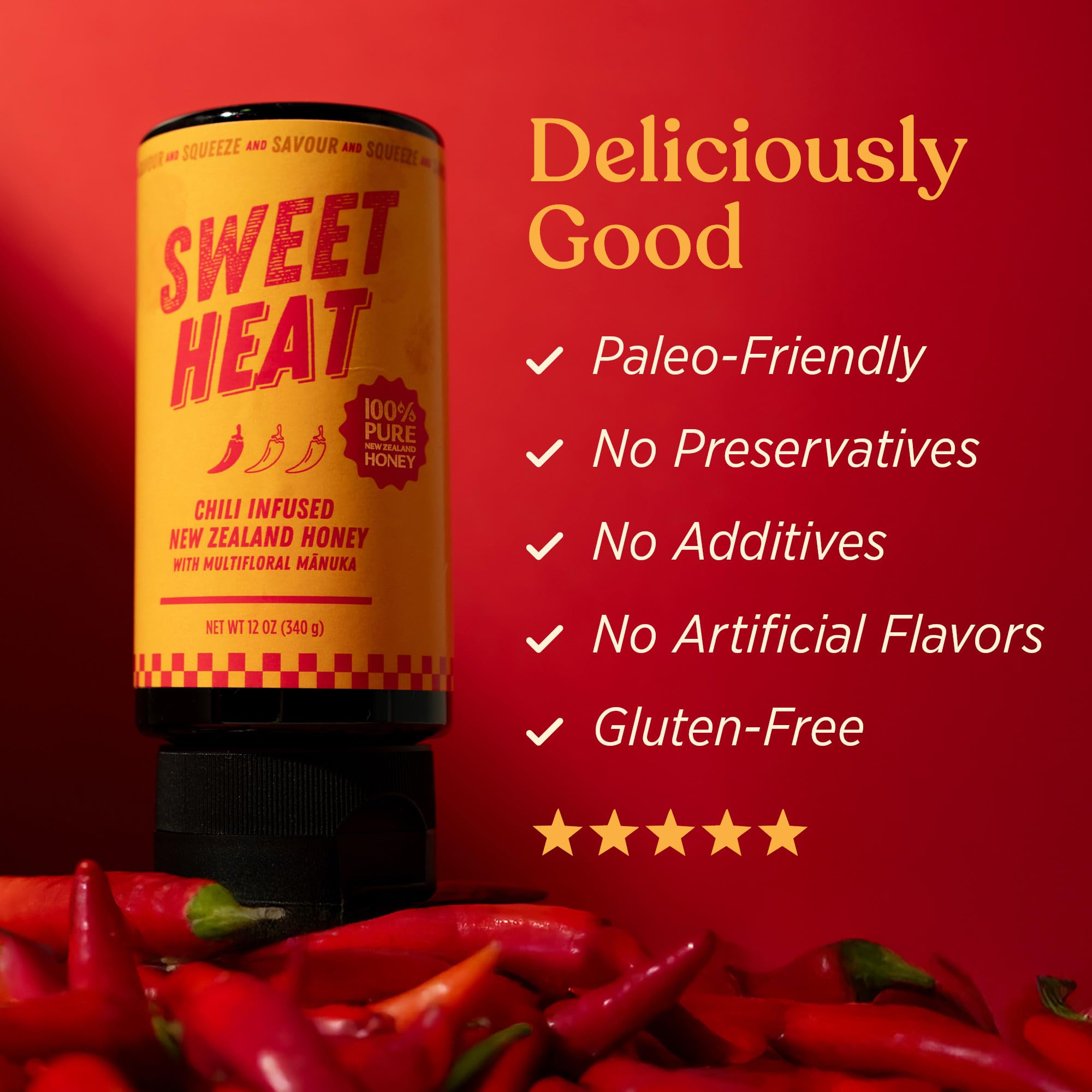 Hot Honey Sweet Heat squeeze bottle for precise drizzling.