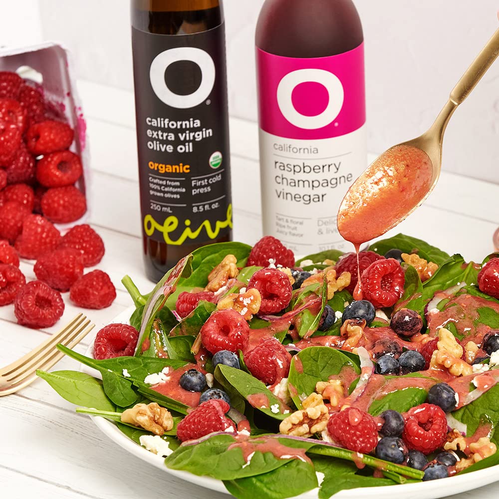 O Olive Oil bottle angled view emphasizing organic quality for sauces