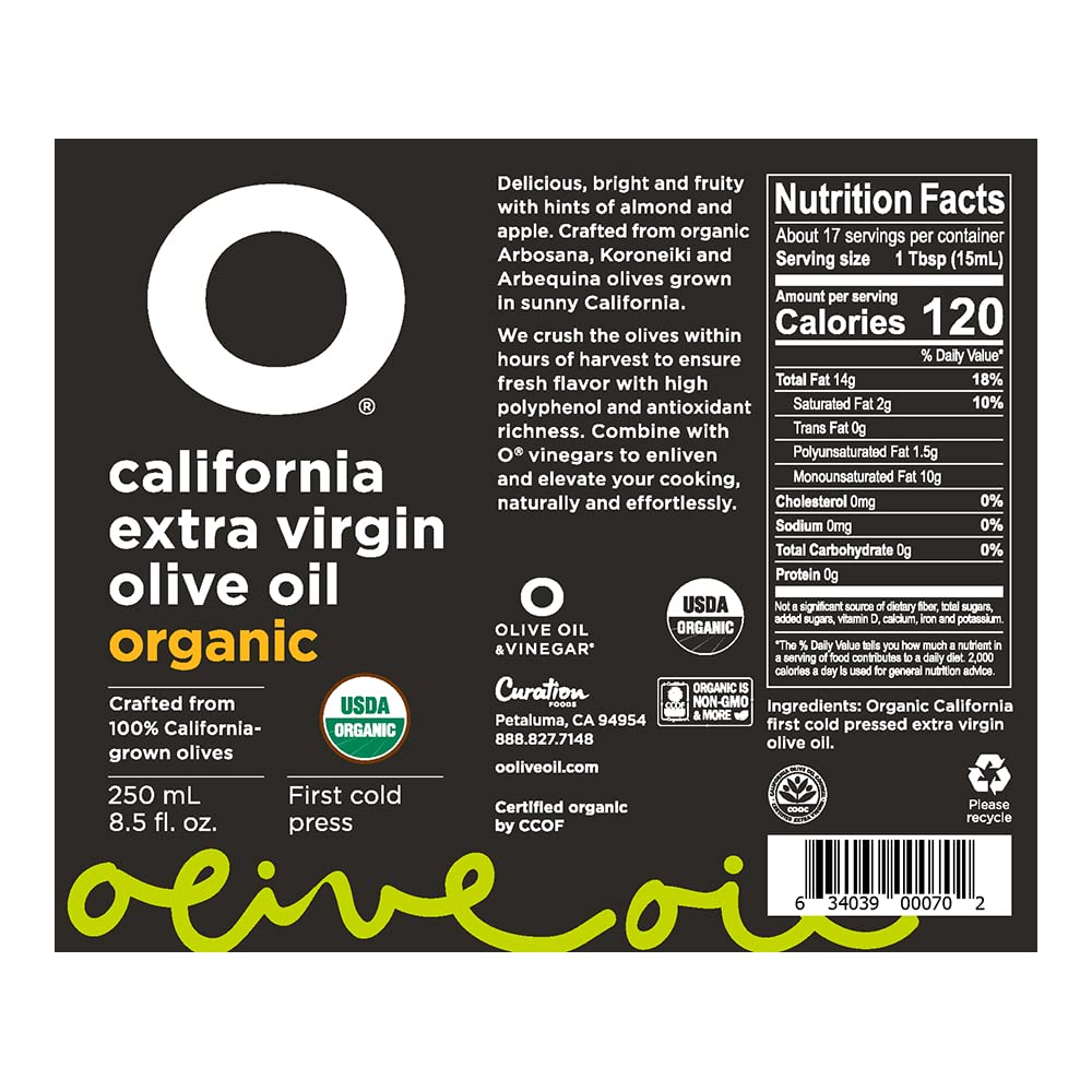 O Olive Oil bottle pour view highlighting fruity, finishing oil for dishes